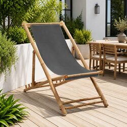 Deck Chair Bamboo Canvas Grey Outdoor Garden Beach Adjustable Folding Seating
