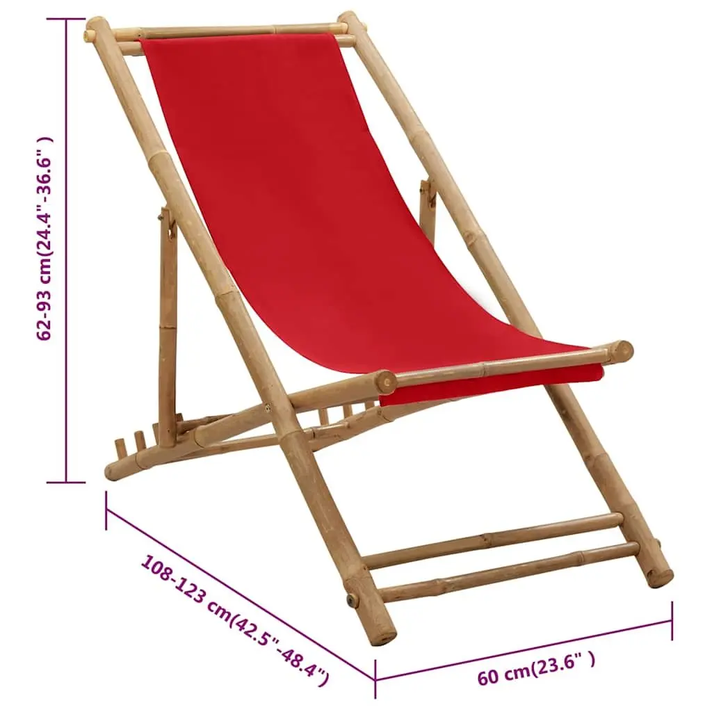 Deck Chair Bamboo Canvas Red 4-Position Foldable