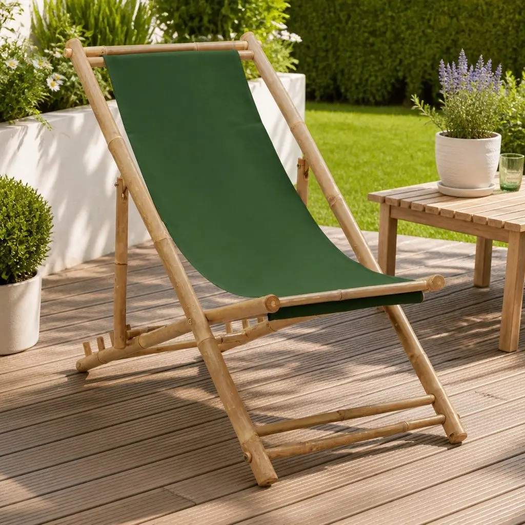 Bamboo Deck Chair Green Canvas 4-Position Adjustable Foldable for Outdoor Relaxation