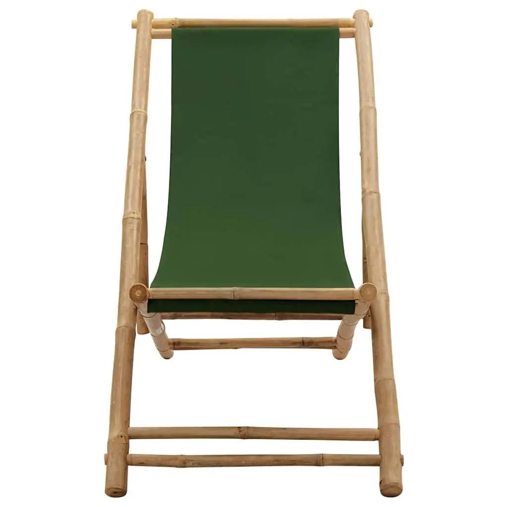 Bamboo Deck Chair Green Canvas 4-Position Adjustable Foldable for Outdoor Relaxation