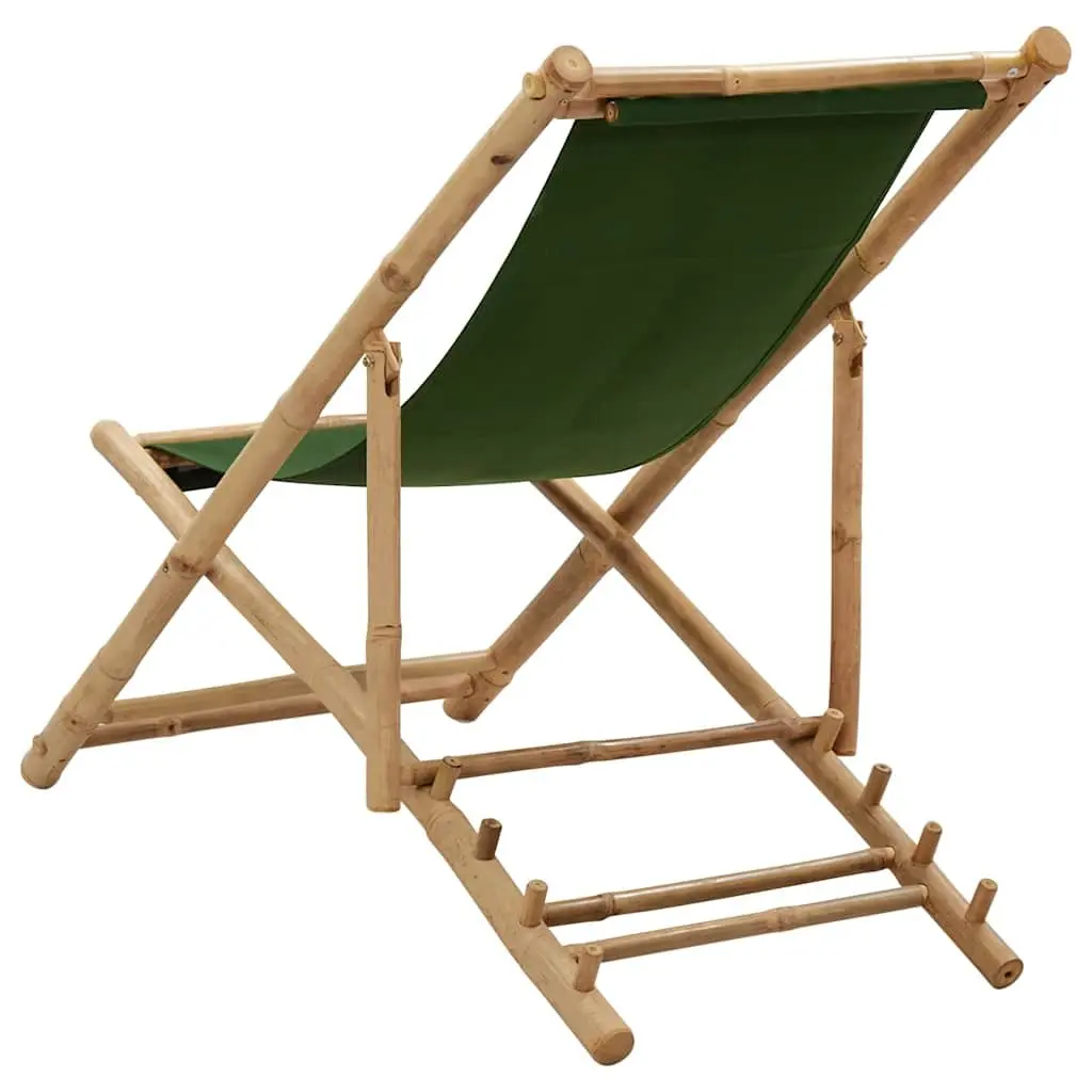 Bamboo Deck Chair Green Canvas 4-Position Adjustable Foldable for Outdoor Relaxation