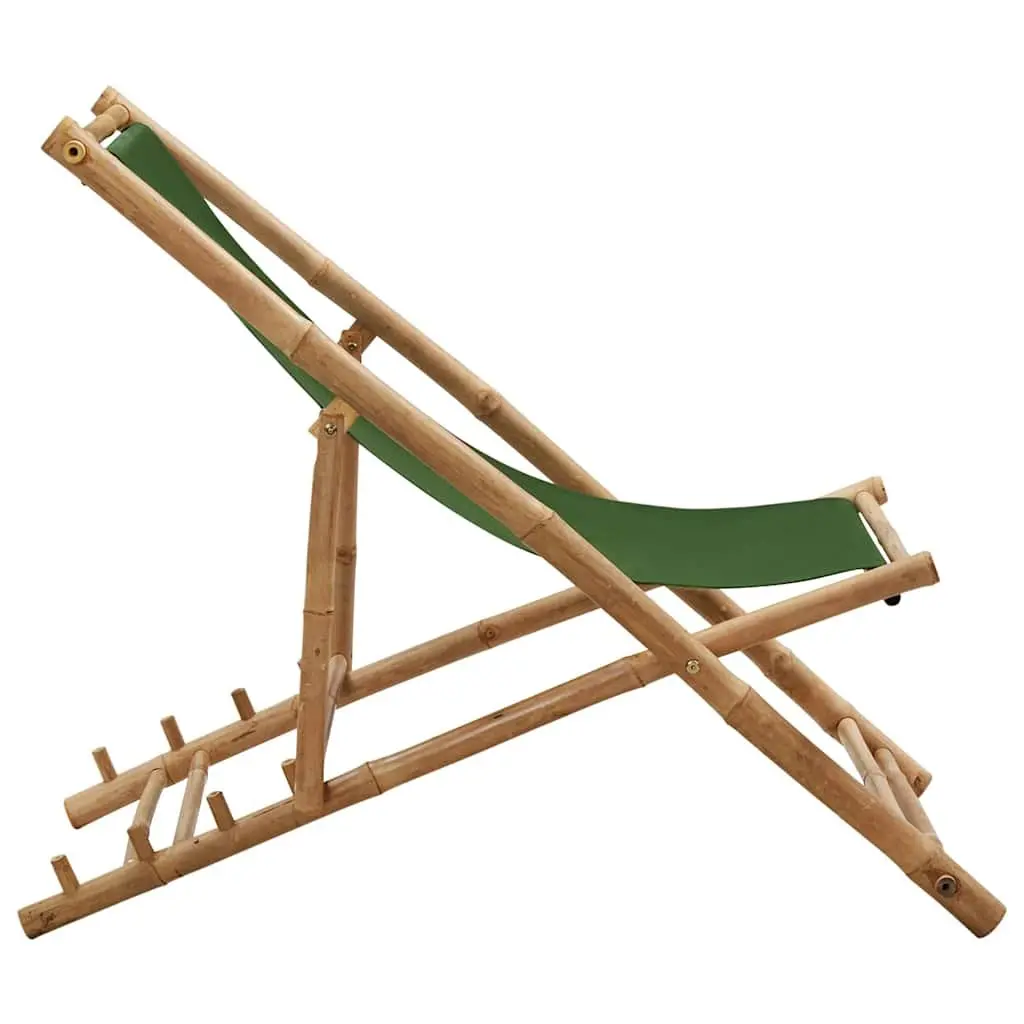 Bamboo Deck Chair Green Canvas 4-Position Adjustable Foldable for Outdoor Relaxation