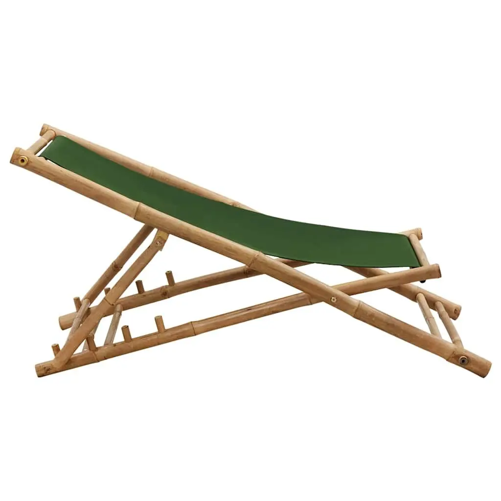 Bamboo Deck Chair Green Canvas 4-Position Adjustable Foldable for Outdoor Relaxation
