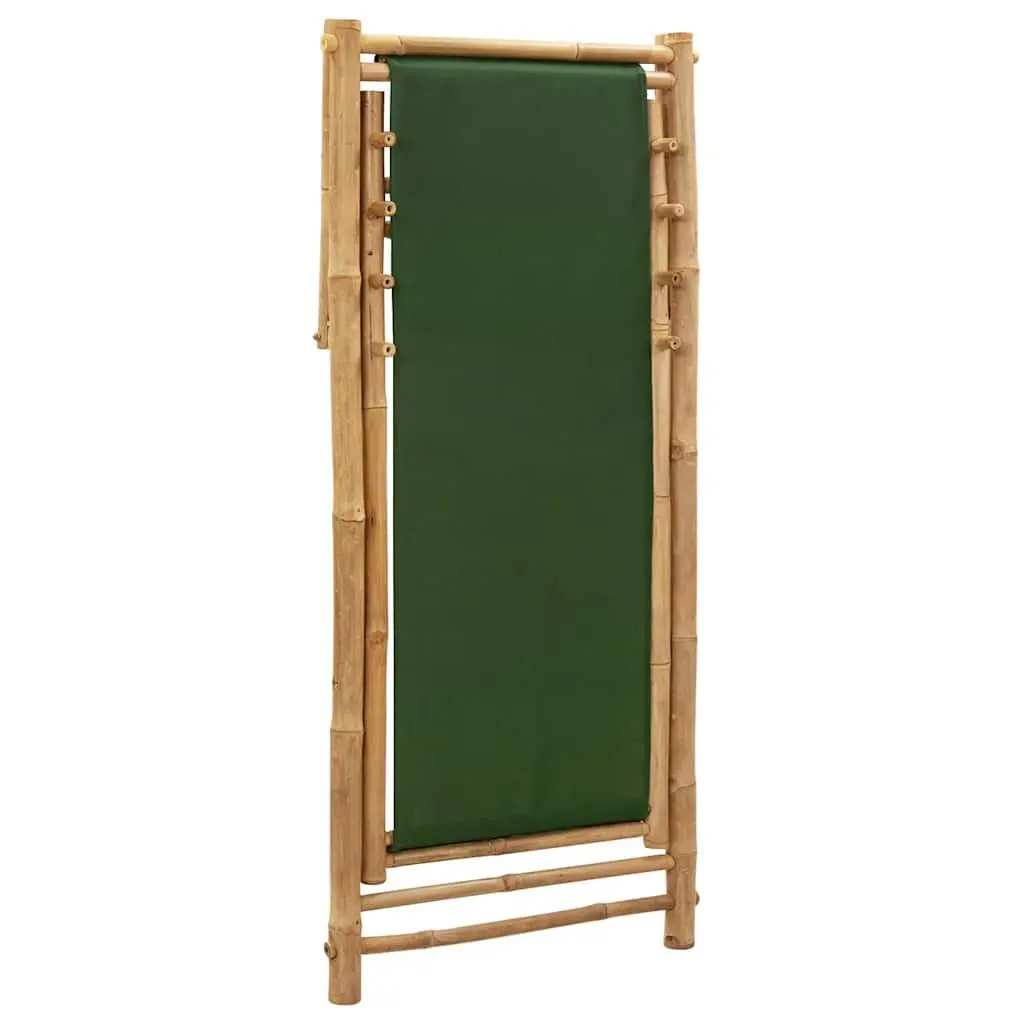 Bamboo Deck Chair Green Canvas 4-Position Adjustable Foldable for Outdoor Relaxation