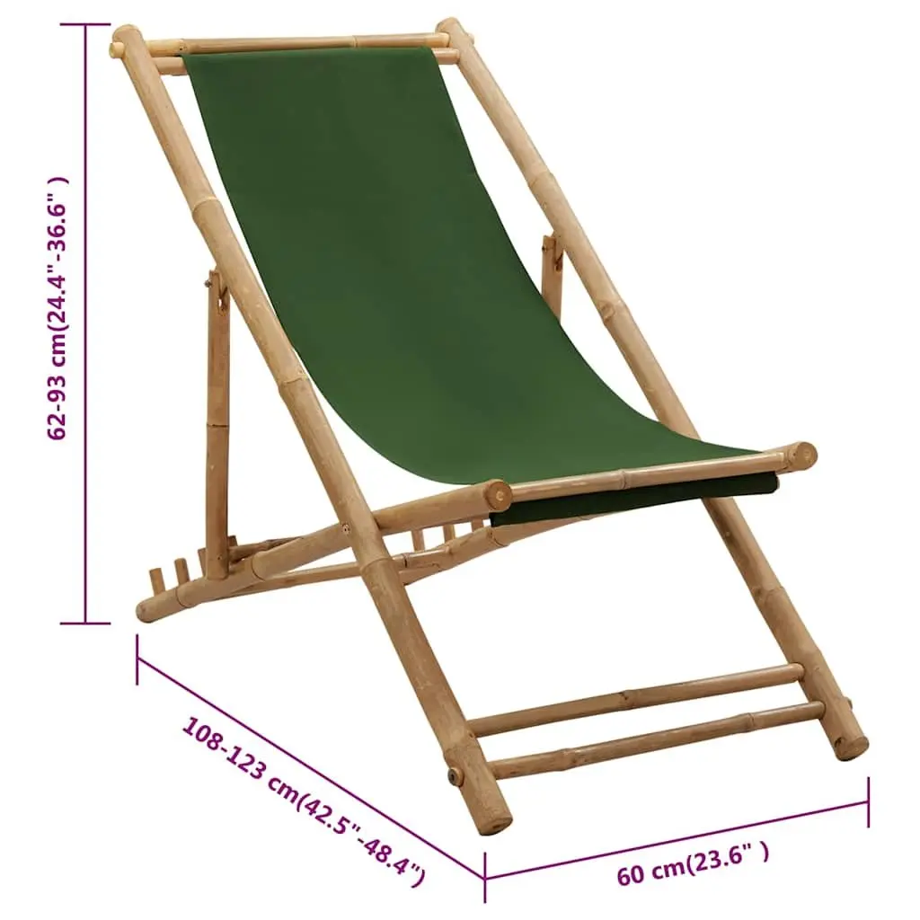 Bamboo Deck Chair Green Canvas 4-Position Adjustable Foldable for Outdoor Relaxation