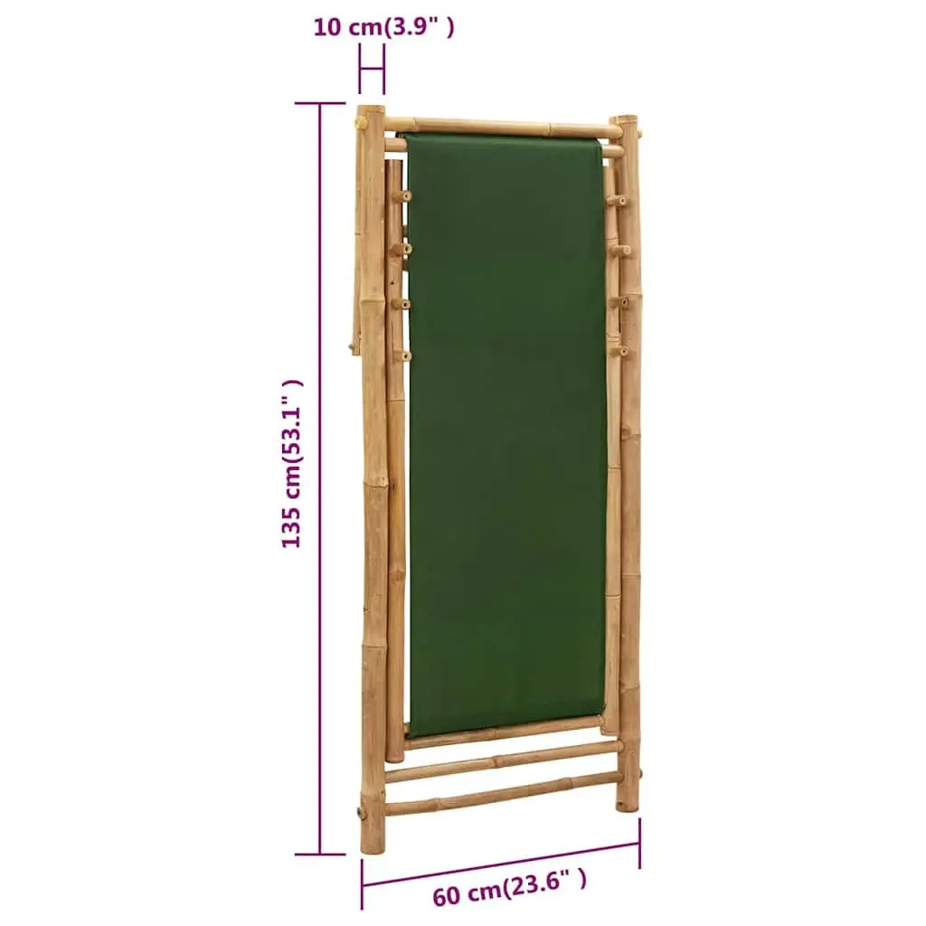 Bamboo Deck Chair Green Canvas 4-Position Adjustable Foldable for Outdoor Relaxation