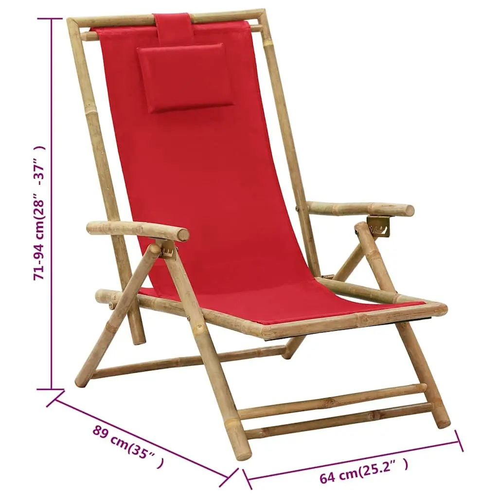 Reclining Outdoor Chair Red Bamboo Frame Fabric Seat Adjustable Backrest