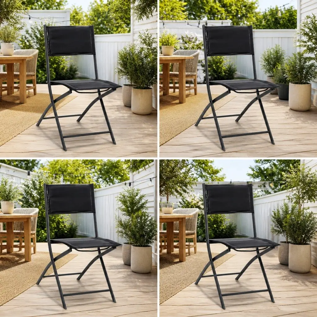 Folding Chairs 4 Piece Set Outdoor Indoor Use Powder-Coated Steel Frame Black