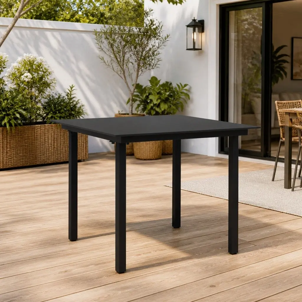 Garden Dining Table 80x80cm Black Powder-coated Steel Frame Glass Top