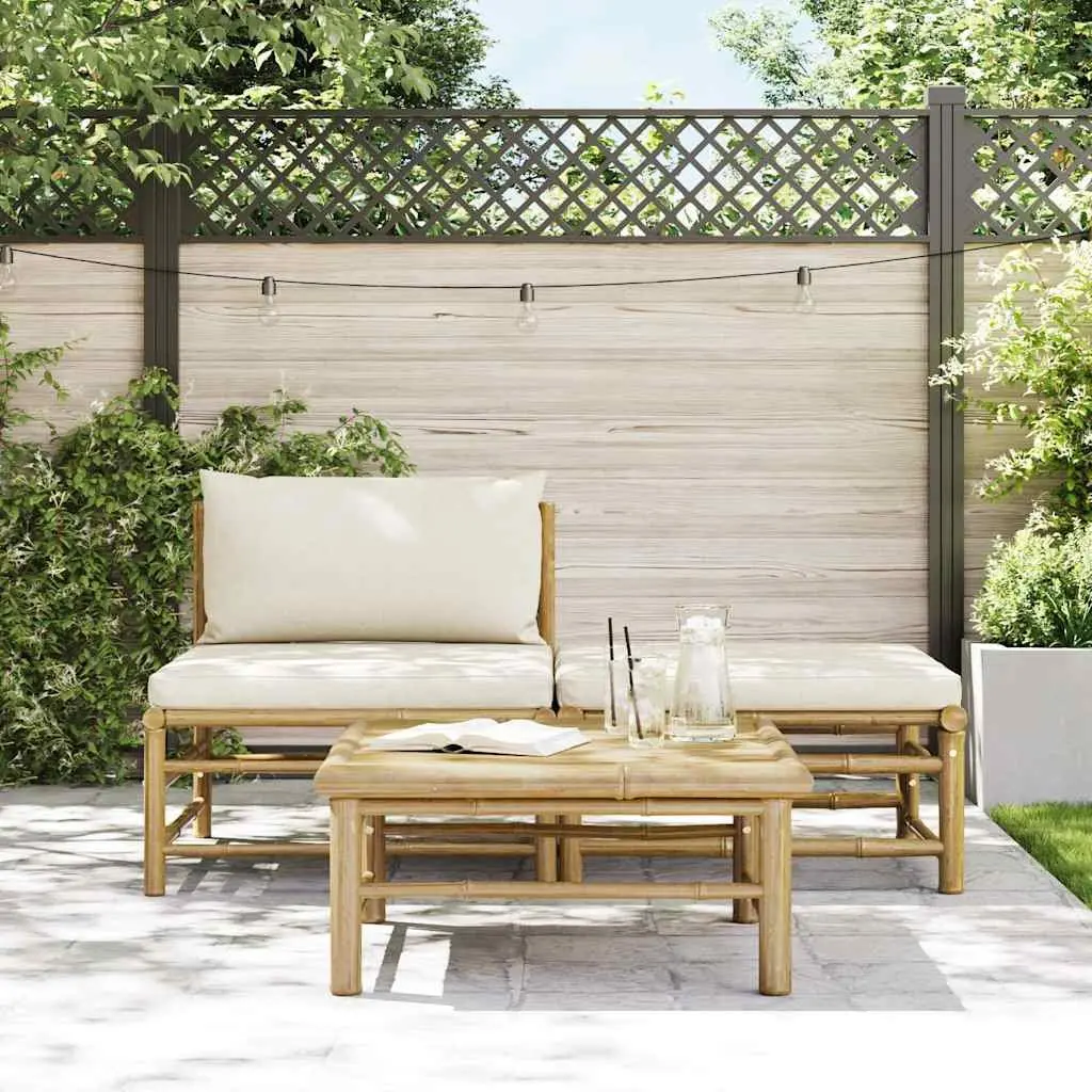 3 Piece Garden Lounge Set Bamboo Outdoor Sofa with Cream White Cushions