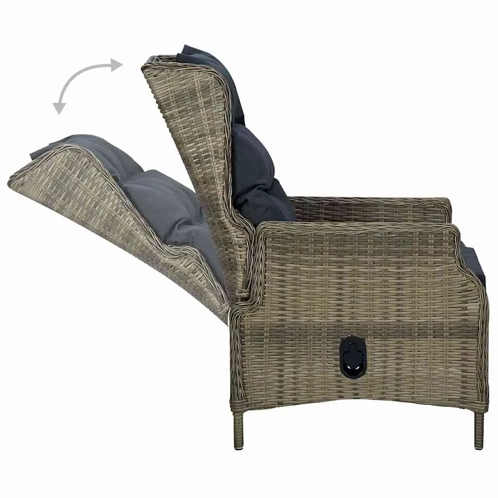 Reclining Garden Chair Outdoor Lounger Brown PE Rattan Steel Frame Adjustable Backrest with Cushions