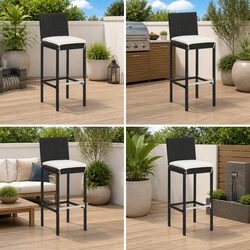 Outdoor Bar Stools Set 4 pcs Black Poly Rattan Garden Seating with Cushions