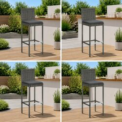 Outdoor Bar Stools Set of 4 Grey Poly Rattan Garden Seating with Cushions