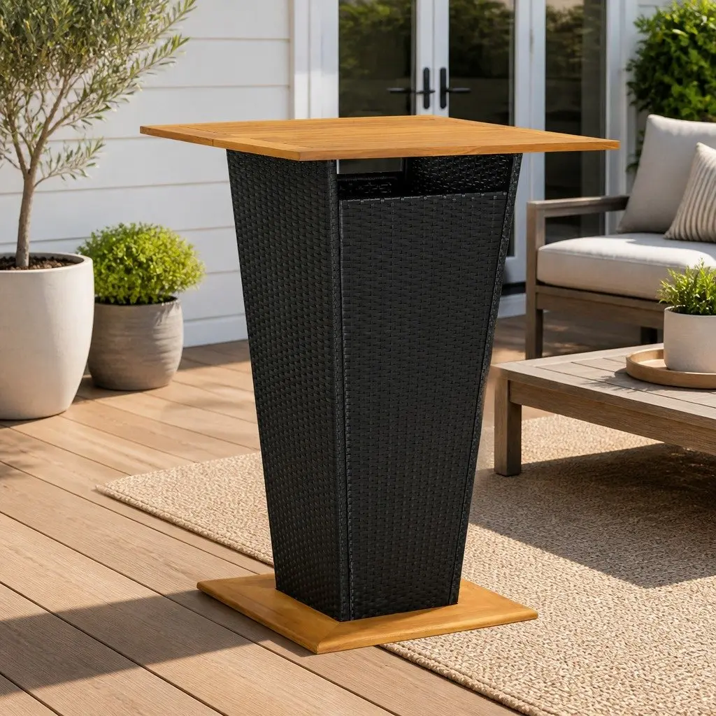 Outdoor Bar Table 80 x 80 x 110 cm Black Weather-Resistant PE Rattan and Solid Acacia Wood Construction