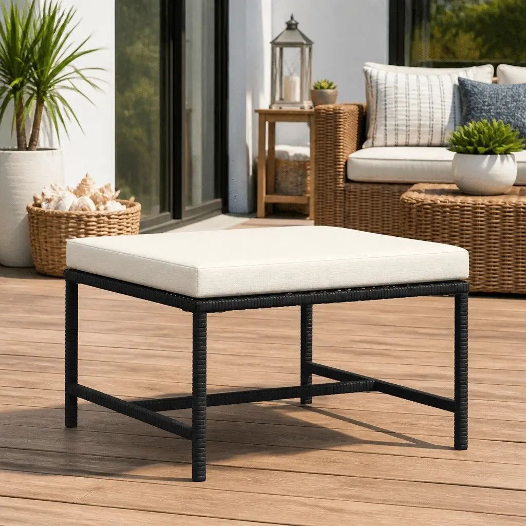 Outdoor Sectional Footrest Ottoman with Cushion Black Weather-Resistant PE Rattan