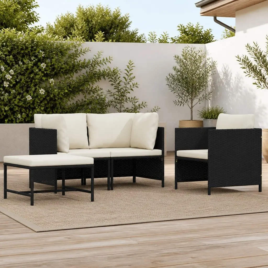 Outdoor Sectional Sofa Set 4 Piece Black Poly Rattan Weather Resistant Cushions