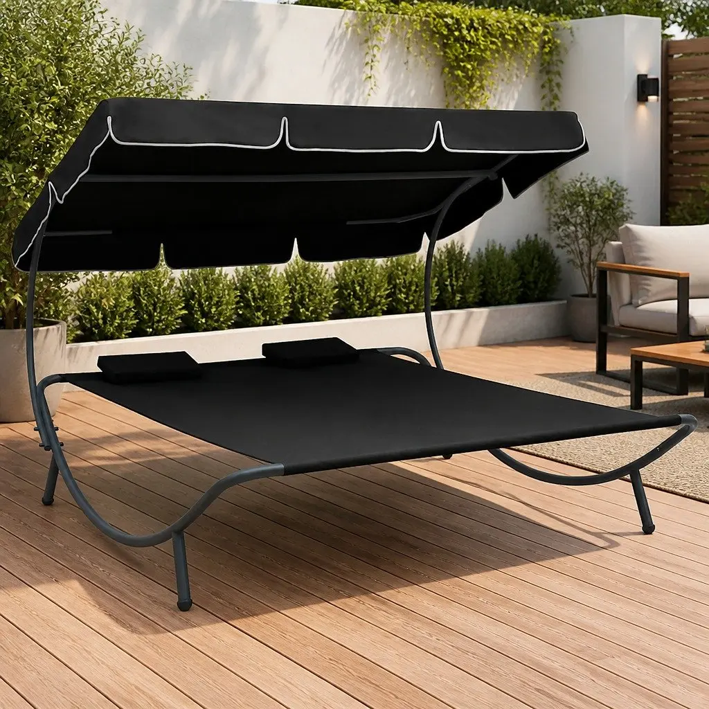 Outdoor Lounge Bed Double Canopy Weather-Resistant Patio Furniture with 2 Pillows