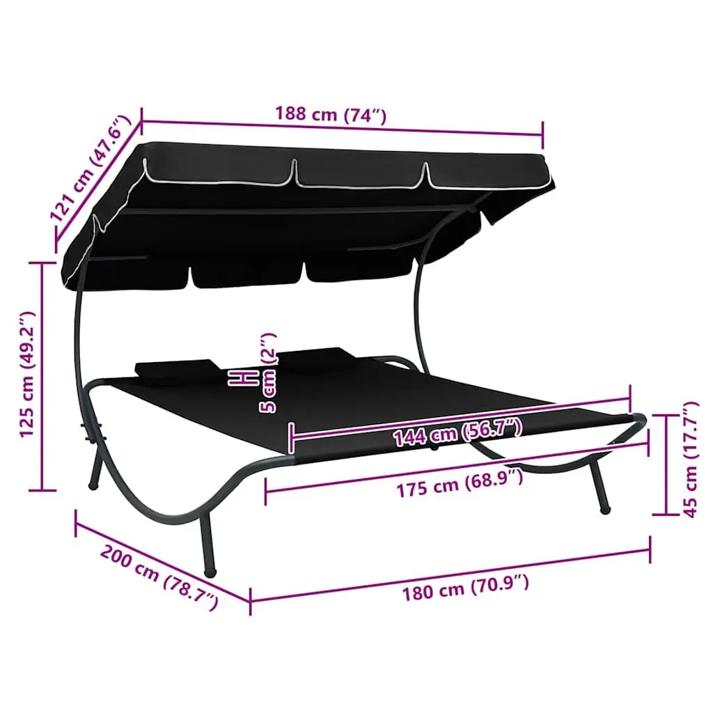 Outdoor Lounge Bed Double Canopy Weather-Resistant Patio Furniture with 2 Pillows