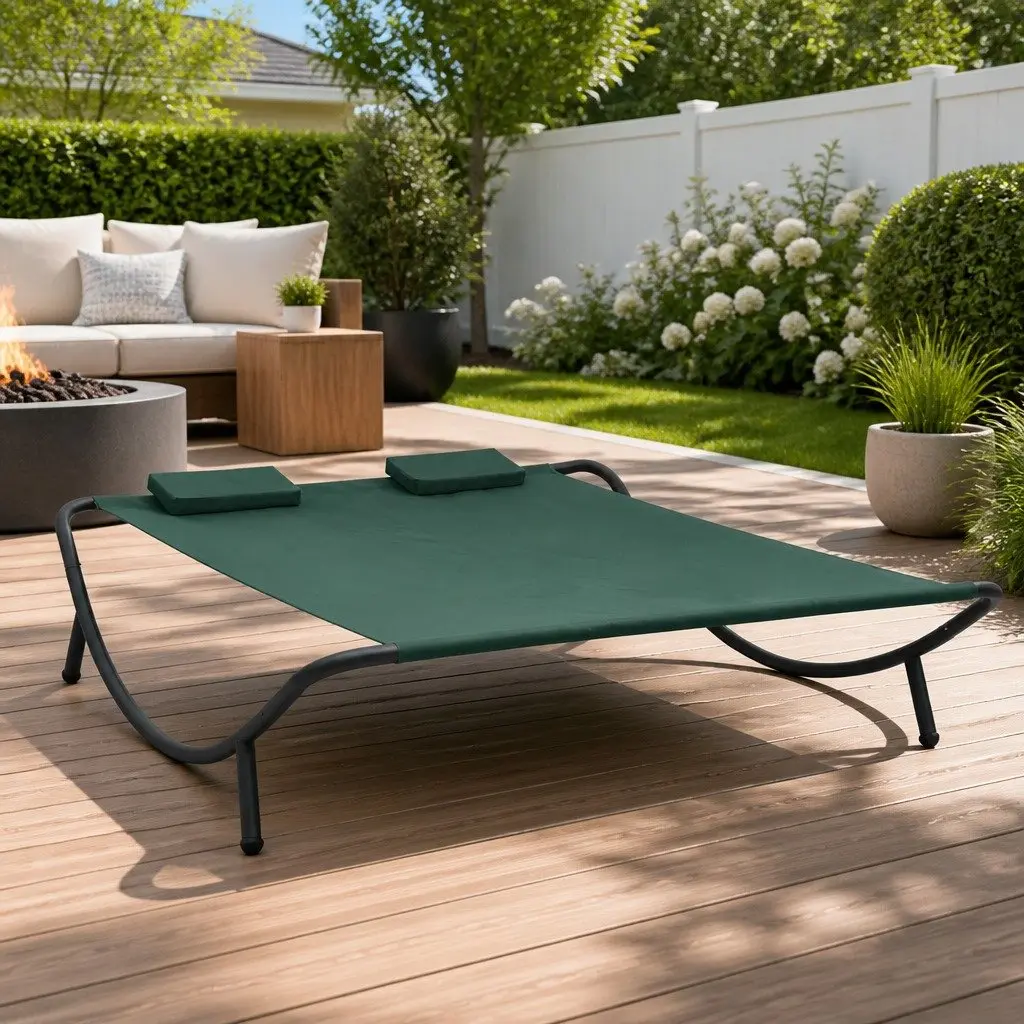 Outdoor Lounge Bed Green Weather-Resistant Fabric Powder-Coated Steel Frame with Pillows