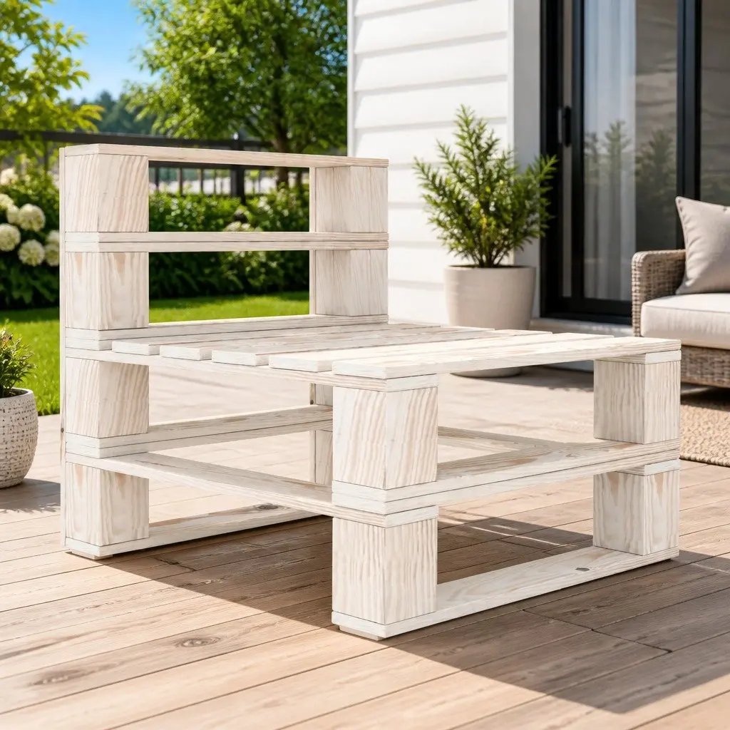 Garden Pallet Middle Sofa White Wooden Outdoor Patio Modular Section Seat