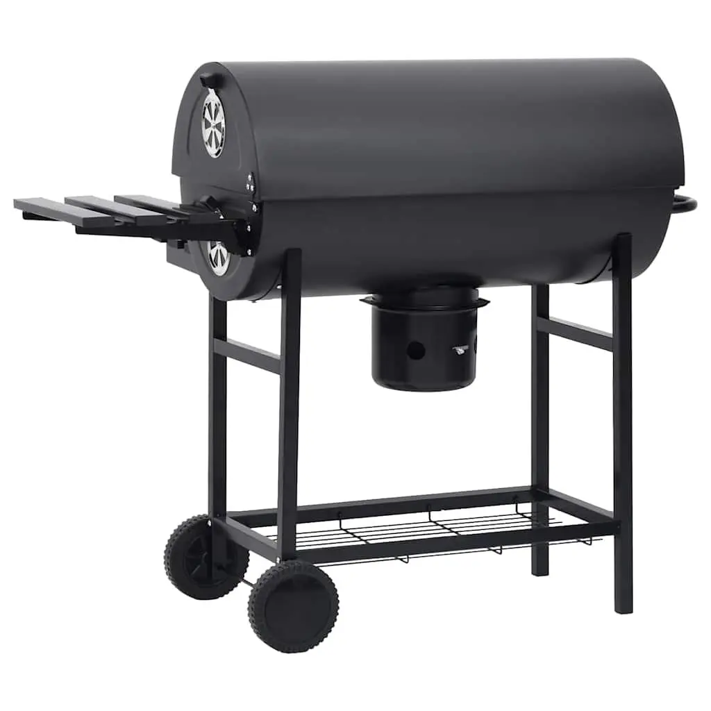 Charcoal BBQ Grill Black Steel Portable with Wheels Hinged Lid Warming Rack Foldable Side Shelf
