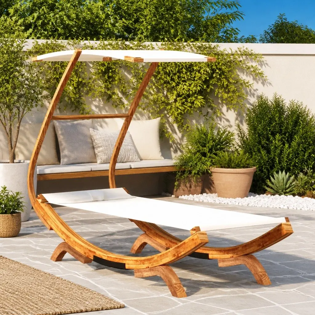 Outdoor Lounge Bed with Canopy Cream Bent Wood Frame for Garden Patio Relaxation