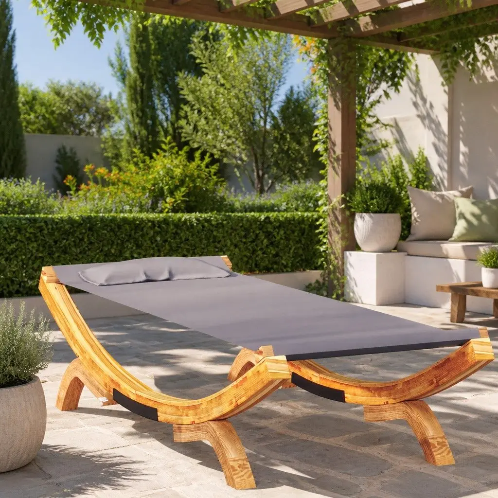 Outdoor Lounge Bed Solid Bent Wood Frame Easy-to-Clean Fabric