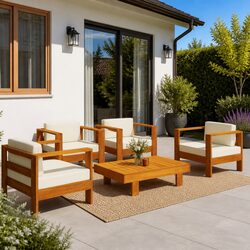 5 Piece Garden Lounge Set Outdoor Patio Furniture Solid Wood with Cream White