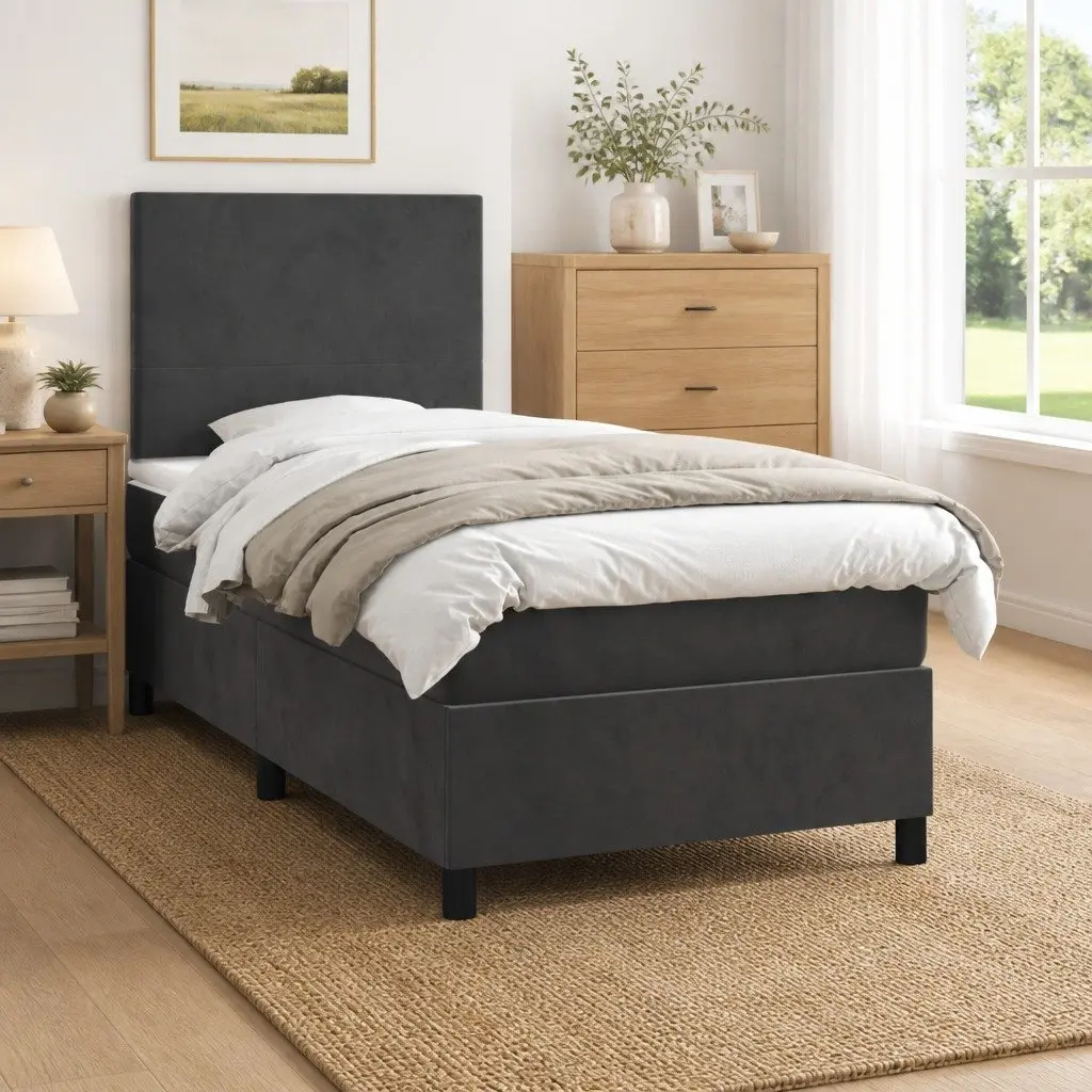 Box Spring Bed King Single 106x203cm Velvet Adjustable Headboard Pocket Spring Mattress