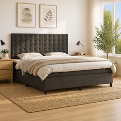Queen Size Box Spring Bed with Pocket Spring Mattress Grey Velvet Adjustable