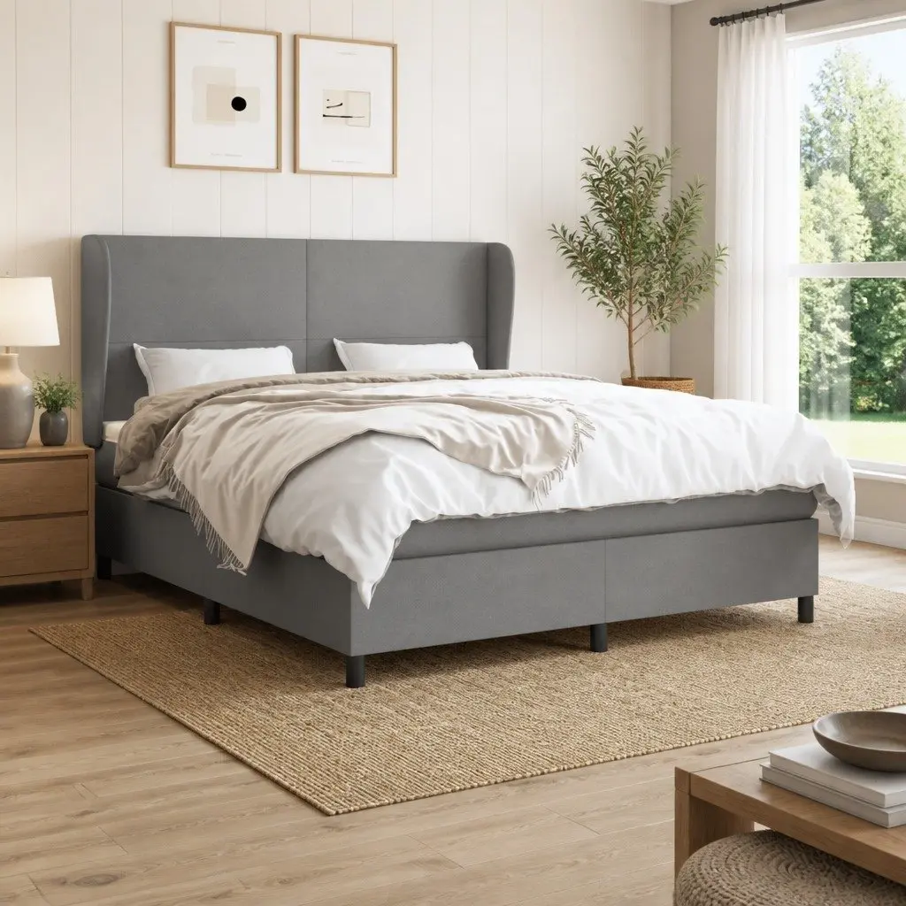 Queen Size Box Spring Bed with Pocket Spring Mattress Adjustable Headboard Dark Grey Fabric Upholstery