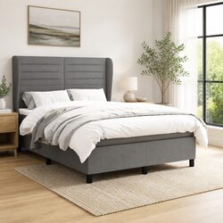 Double Box Spring Bed with Pocket Mattress Grey Fabric Headboard 137x187 cm