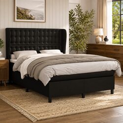 Box Spring Bed with Pocket Mattress Black Double Size Adjustable Headboard