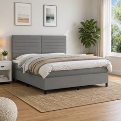 Queen Size Box Spring Bed with Pocket Spring Mattress Adjustable Headboard LED