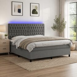 Queen Size Box Spring Bed with Pocket Mattress LED Headboard Grey Fabric