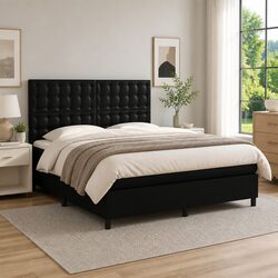Queen Size Box Spring Bed with Pocket Mattress LED Headboard Black Faux Leather