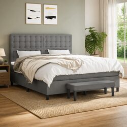 Queen Size Box Spring Bed with Pocket Spring Mattress Grey Fabric Adjustable