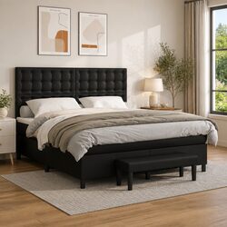 Queen Size Box Spring Bed with Pocket Spring Mattress Faux Leather Headboard