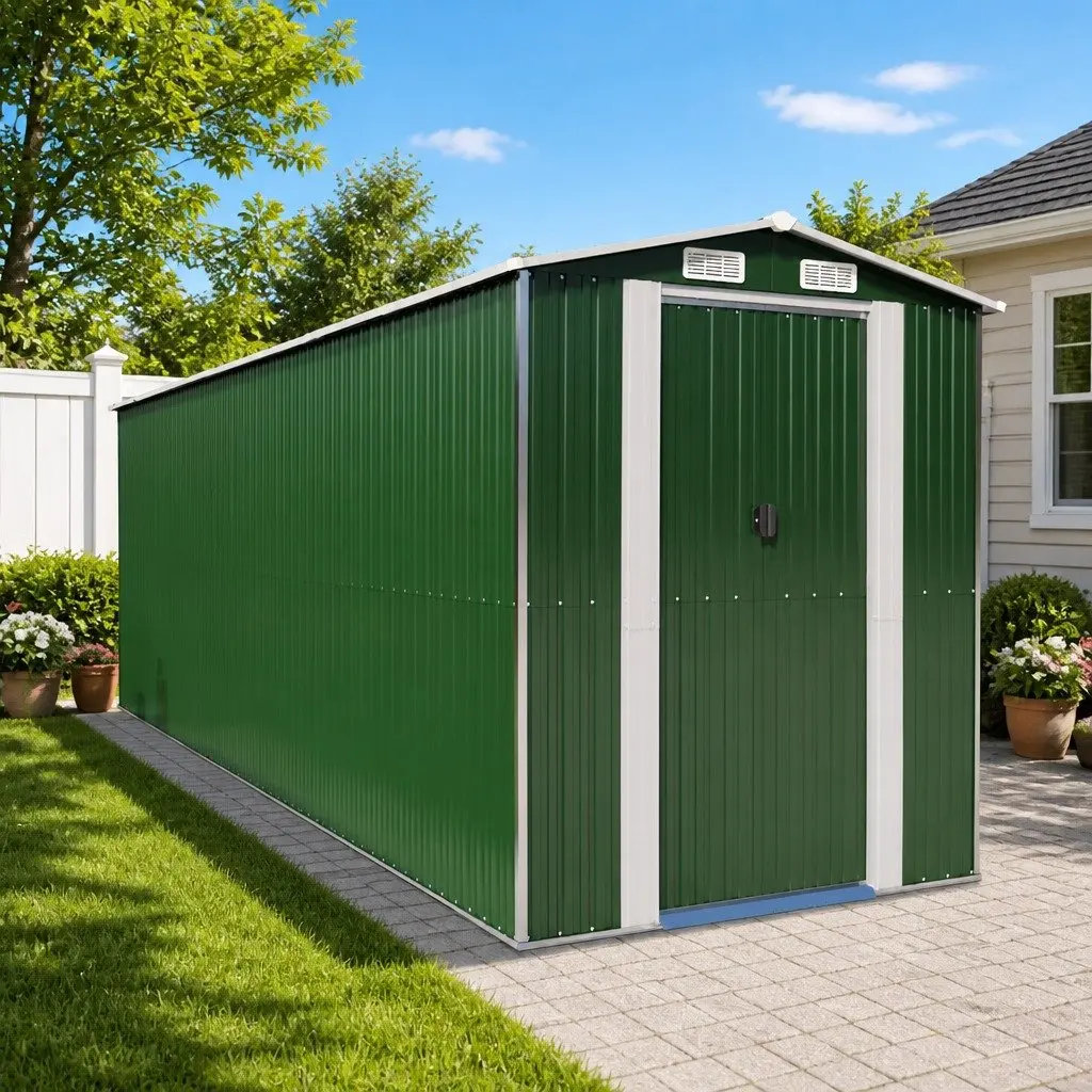 Garden Shed Green Galvanised Steel Outdoor Storage Tool House with Double Sliding Doors