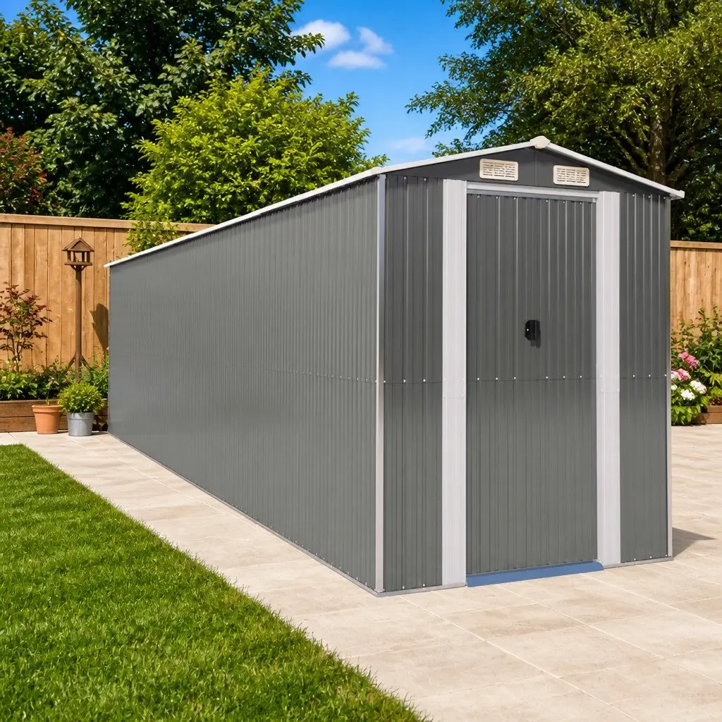 Galvanised Steel Garden Shed Light Grey Outdoor Storage Tool House with Sliding Gate Entrance and Ventilation Opening 192x772x223cm