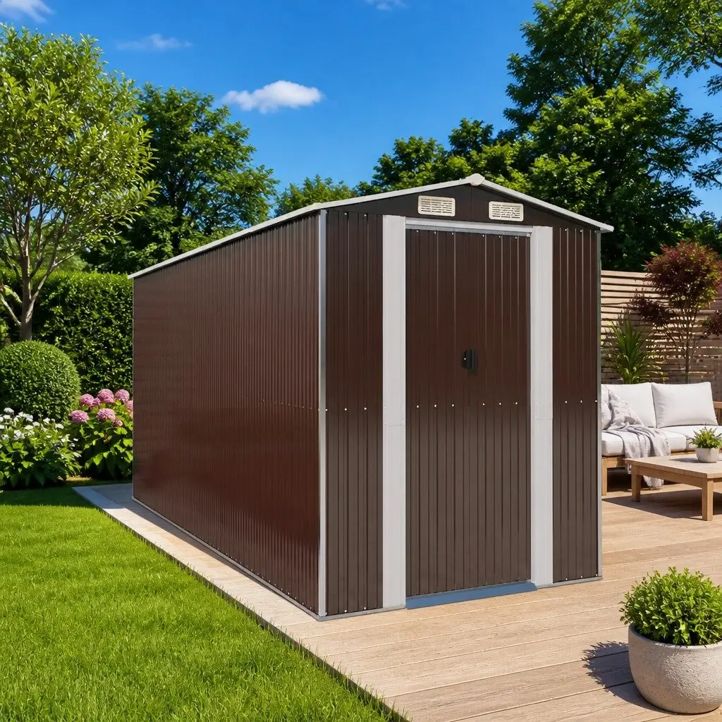 Garden Shed Dark Brown Galvanised Steel Outdoor Storage with Sliding Gate and Ventilation