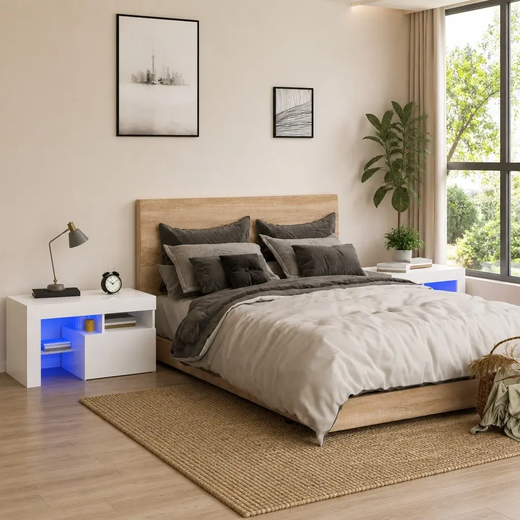 Bedside Cabinets 2pcs High Gloss White RGB LED Lights Modern Bedroom Storage
