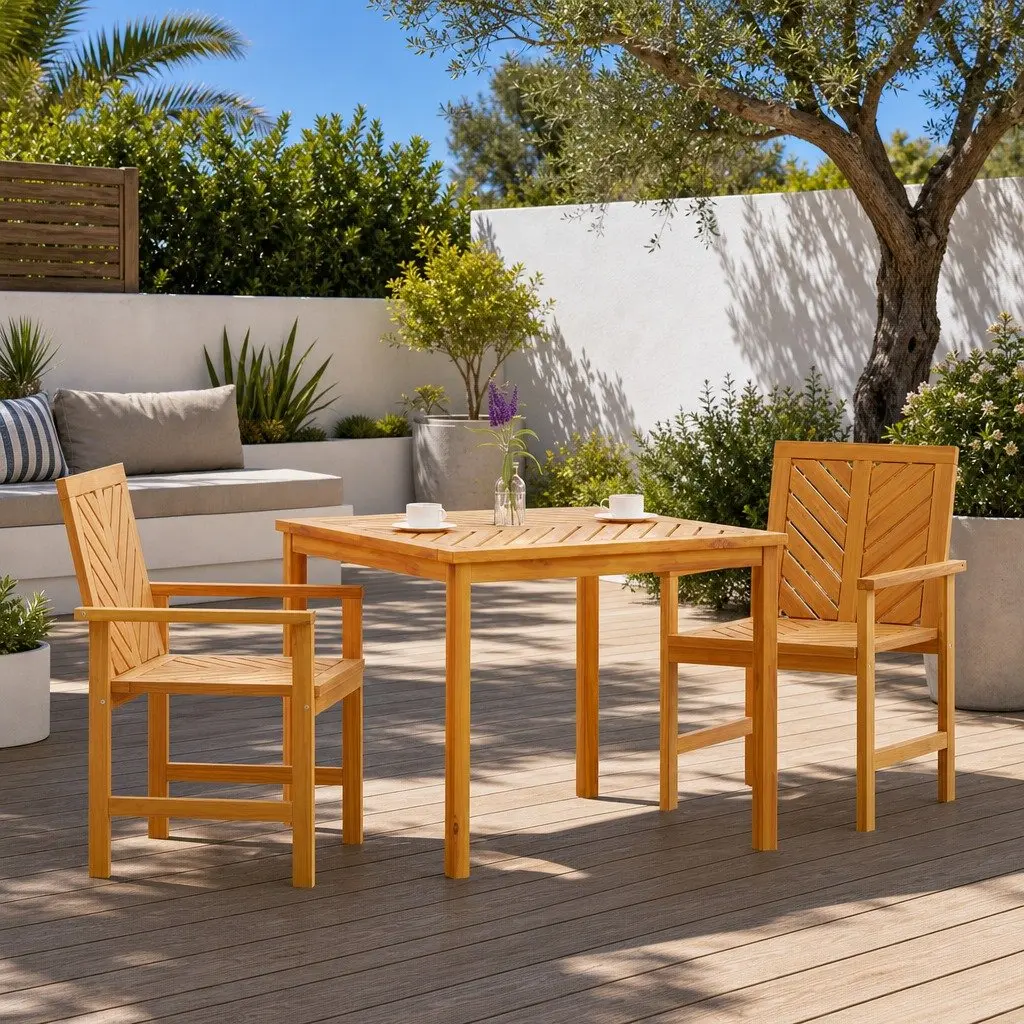 Garden Dining Set 3 Pieces Rectangular Solid Acacia Wood Outdoor Table Chairs Brown