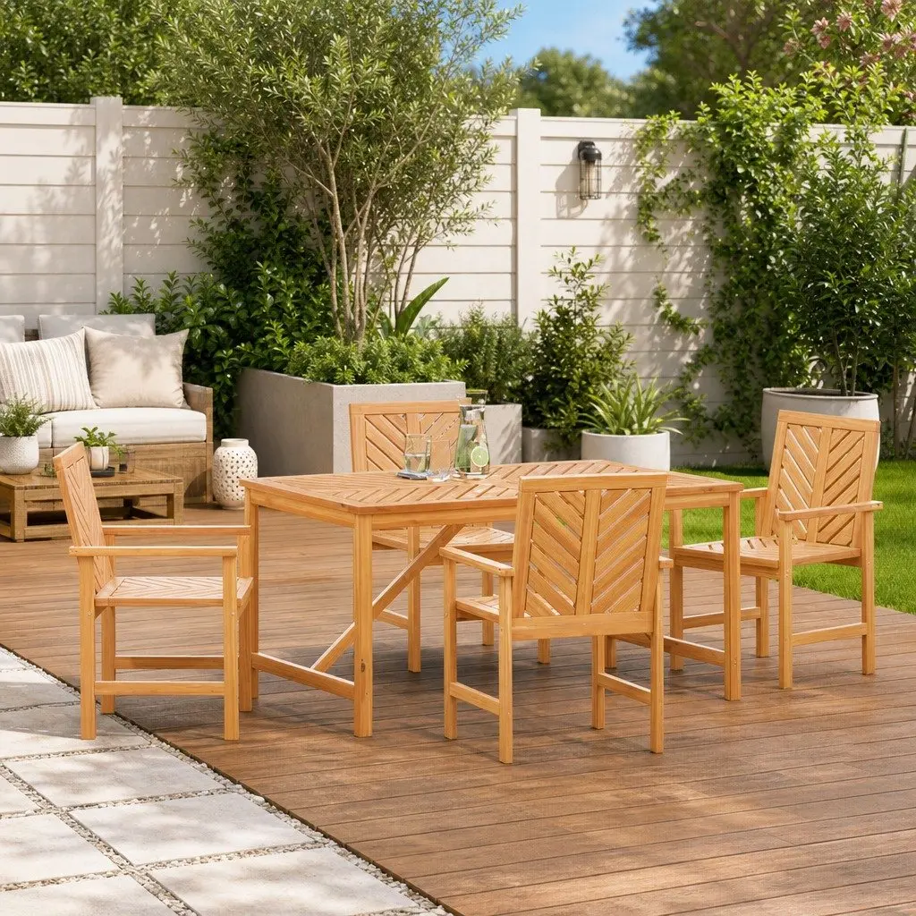 Garden Dining Set 5 Piece Brown Solid Acacia Wood Outdoor Furniture with Armrests