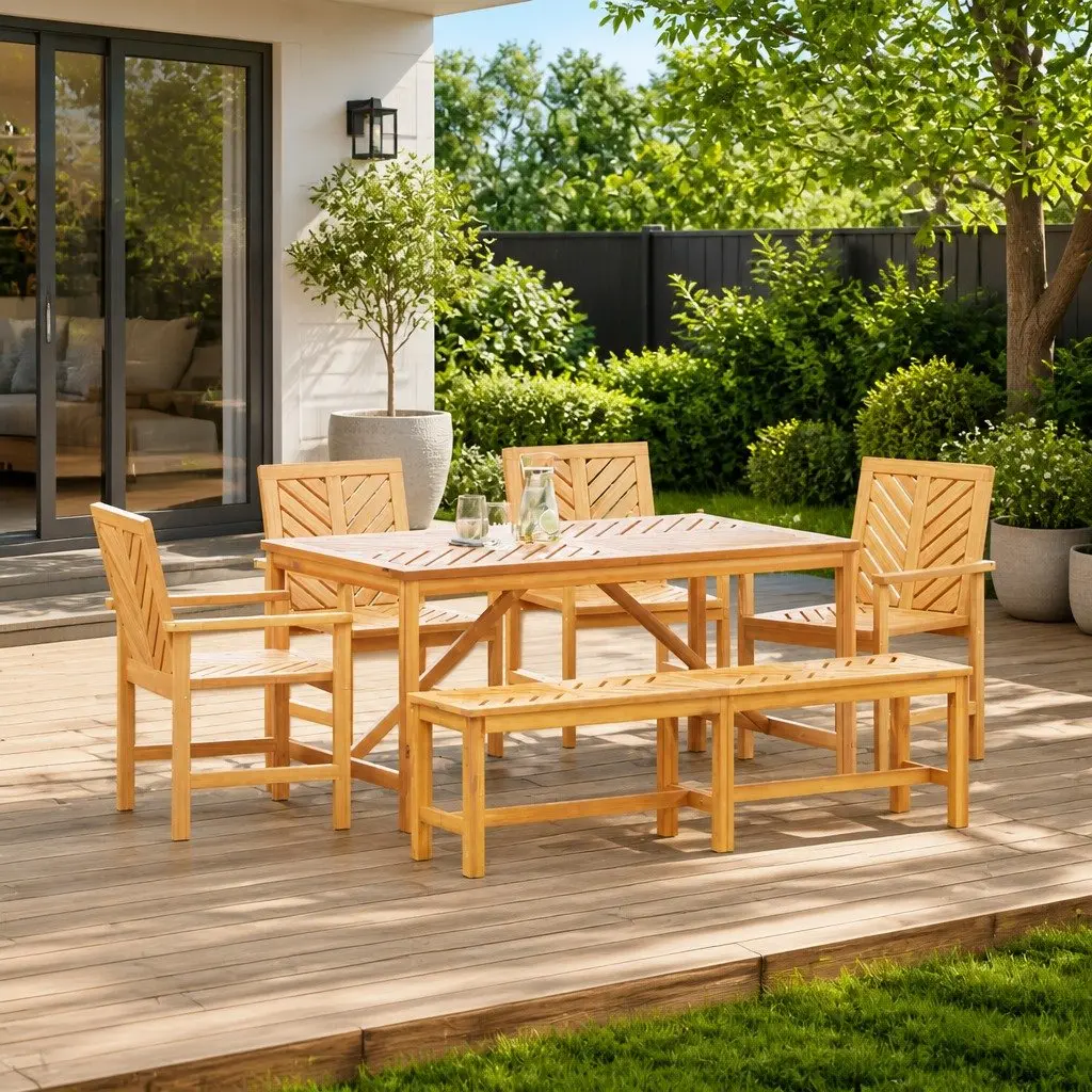 Garden Dining Set 6 Pieces Solid Acacia Wood Brown Outdoor Table Chairs
