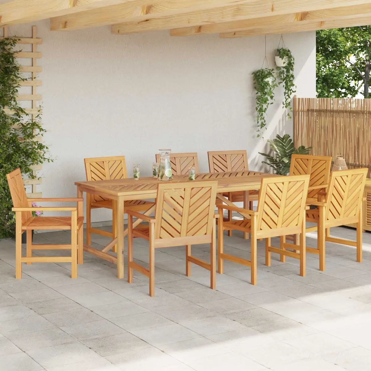 Garden Dining Set 9 Pieces Solid Acacia Wood Brown Rectangular Table