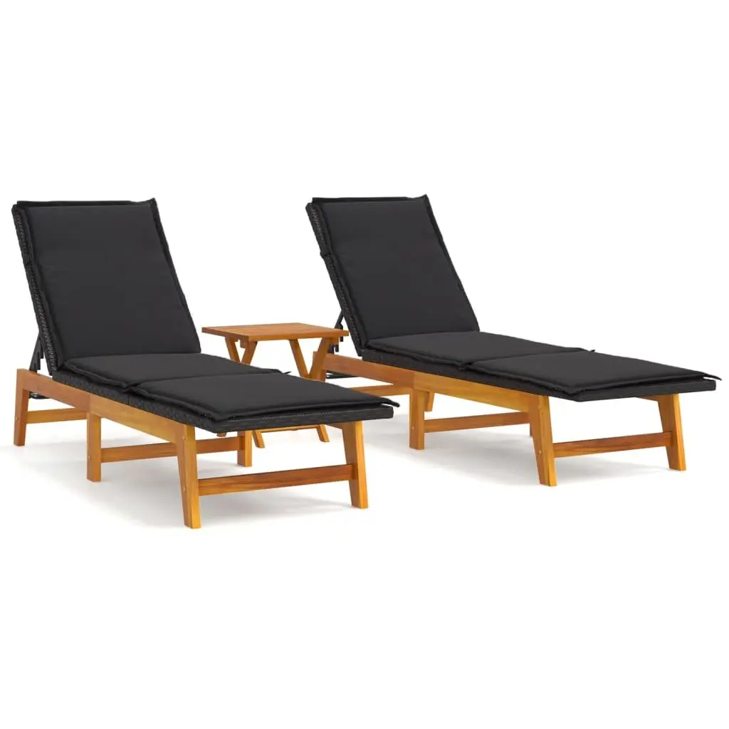 3 Piece Outdoor Lounger Set Adjustable Backrest Black Poly Rattan Acacia Wood Garden Furniture