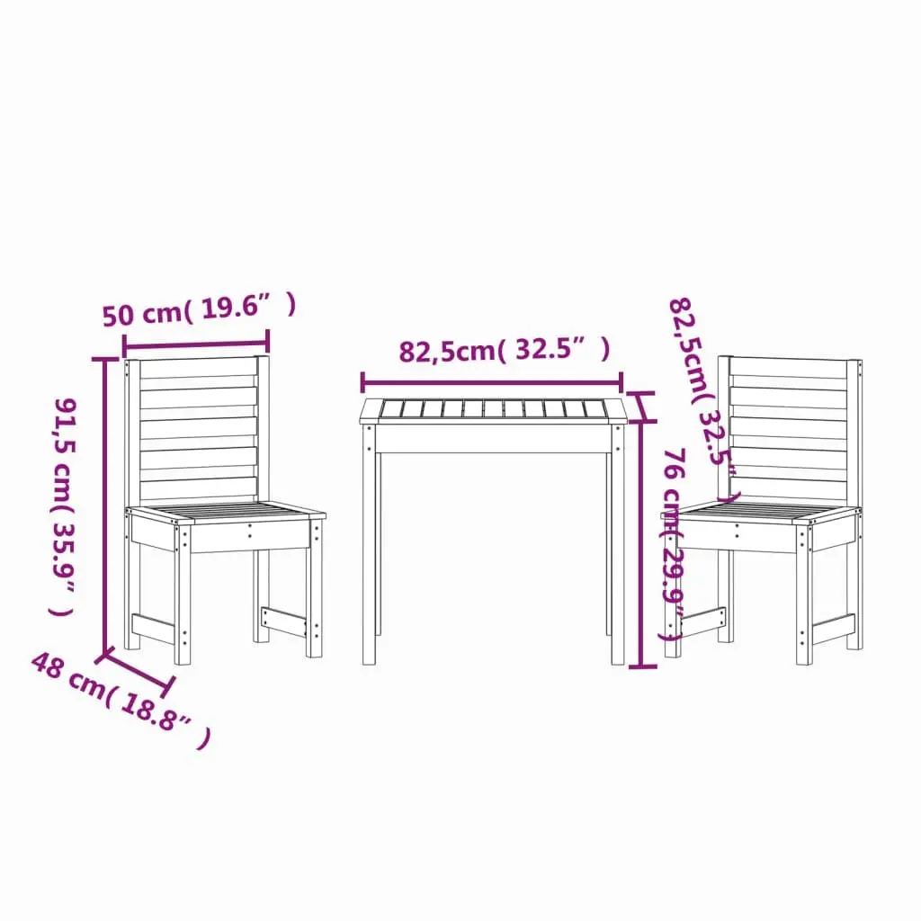 3 Piece Garden Bistro Set Black Solid Pine Wood Outdoor Patio Furniture