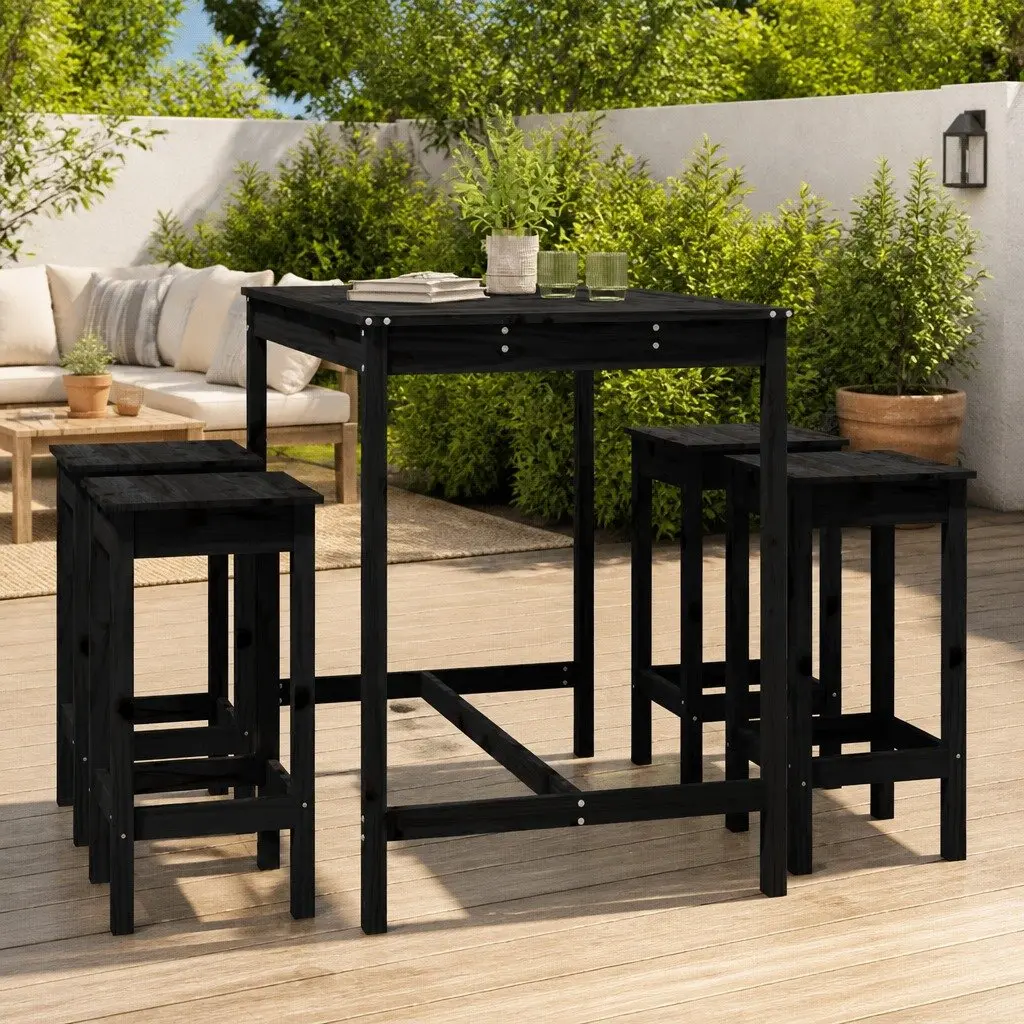 Outdoor Bar Set 5 Piece Black Solid Pine Wood Stools with Sturdy Table for Garden Patio Balcony