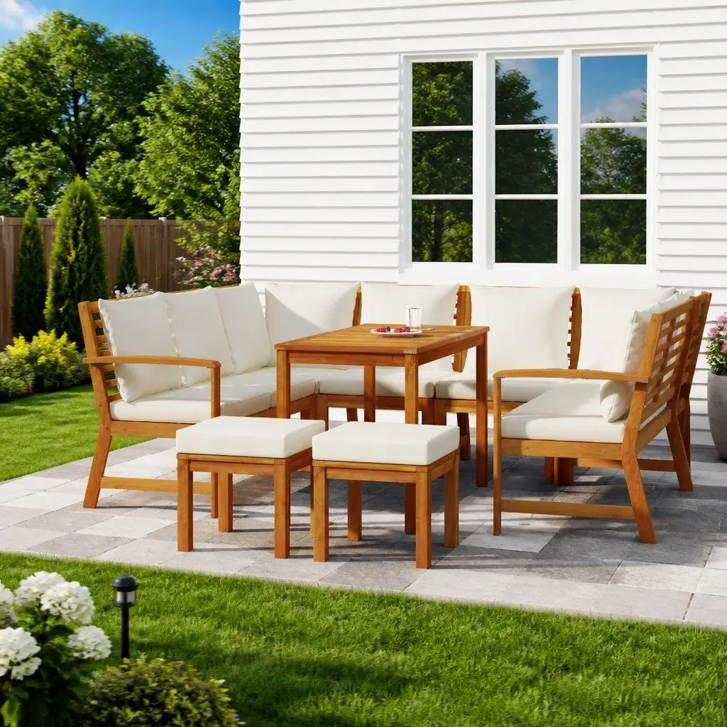 Outdoor Dining Set 9 Piece Modular Wooden Furniture with Cushions Acacia Wood